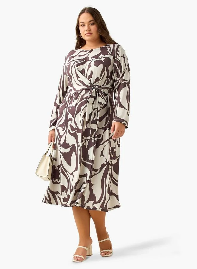  أولا بوبكن Ulla Popken A-line Midi Dress with Knot Detail and Floral Print